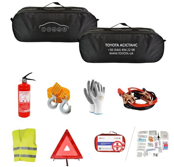 Автомобільний набір (вогнегасник, аптечка, трос 5т, рукавички, знак аварійної зупинки, жилет світловідбиваючий, проводи для запуску від зовн. джерела) (25219)